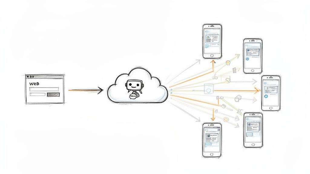 Diagrama mostrando um navegador web enviando dados para uma nuvem com IA que distribui para múltiplos celulares, ilustrando um sistema de transmissão.