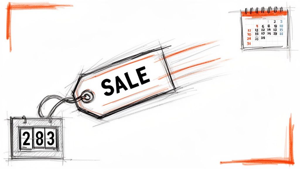 Desenho de etiqueta de VENDA, calendário e contador, simbolizando promoções e prazos em campanhas.