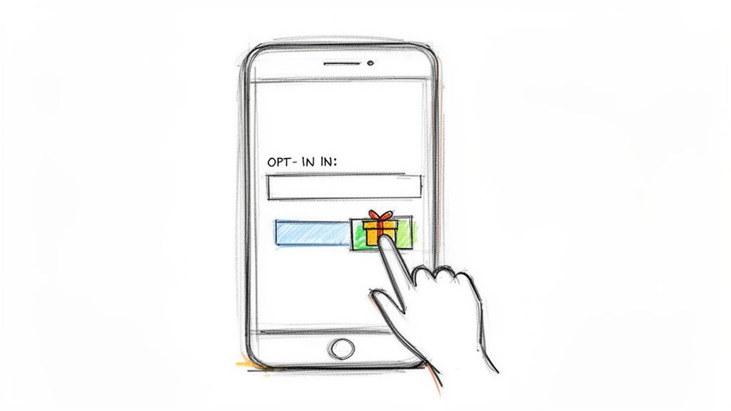 Mão tocando ícone de presente em tela de celular para processo de opt-in e cadastro.