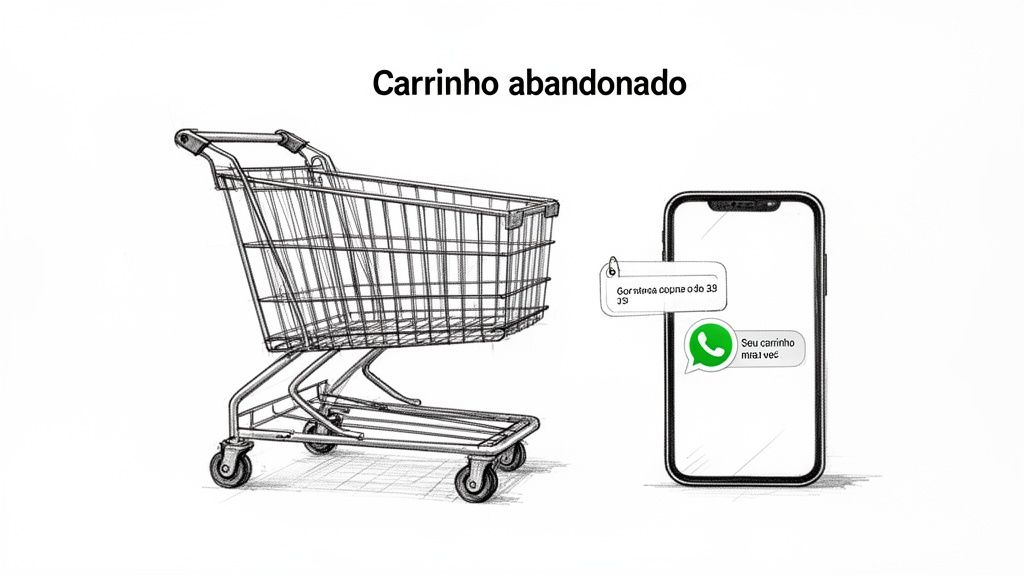 Um carrinho de compras abandonado e um smartphone com mensagens do WhatsApp sobre o carrinho.