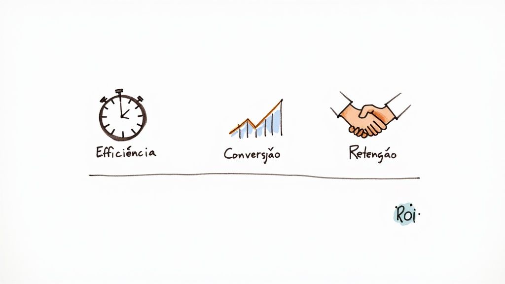 Ilustração com um cronômetro para eficiência, um gráfico de barras para conversão e um aperto de mãos para retenção, tudo relacionado a ROI.
