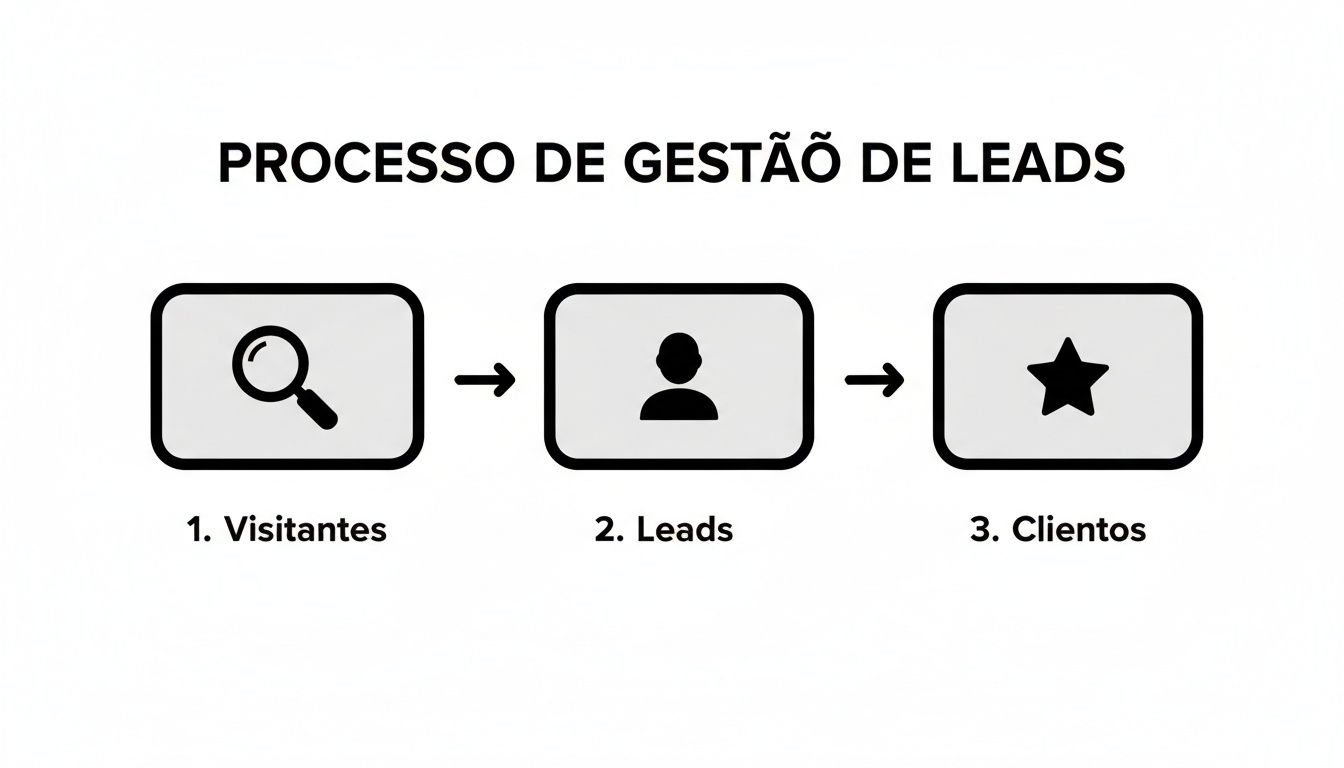 Fluxo do processo de gestão de leads: visitantes com lupa, leads com pessoa e clientes com estrela.