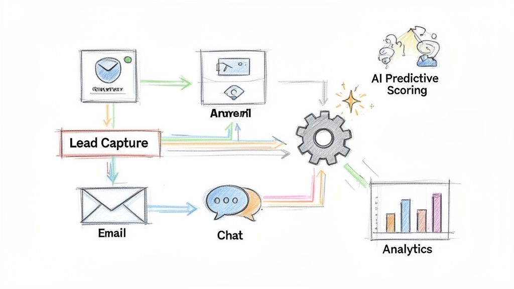 Diagrama de fluxo de trabalho de marketing digital com captura de leads, automação, IA e análise de dados.