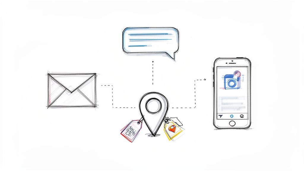 Esquema ilustrando um alfinete de localização central conectando um envelope, balão de fala e um smartphone, com etiquetas de oferta e compra. Representa estratégias de marketing baseado em localização.