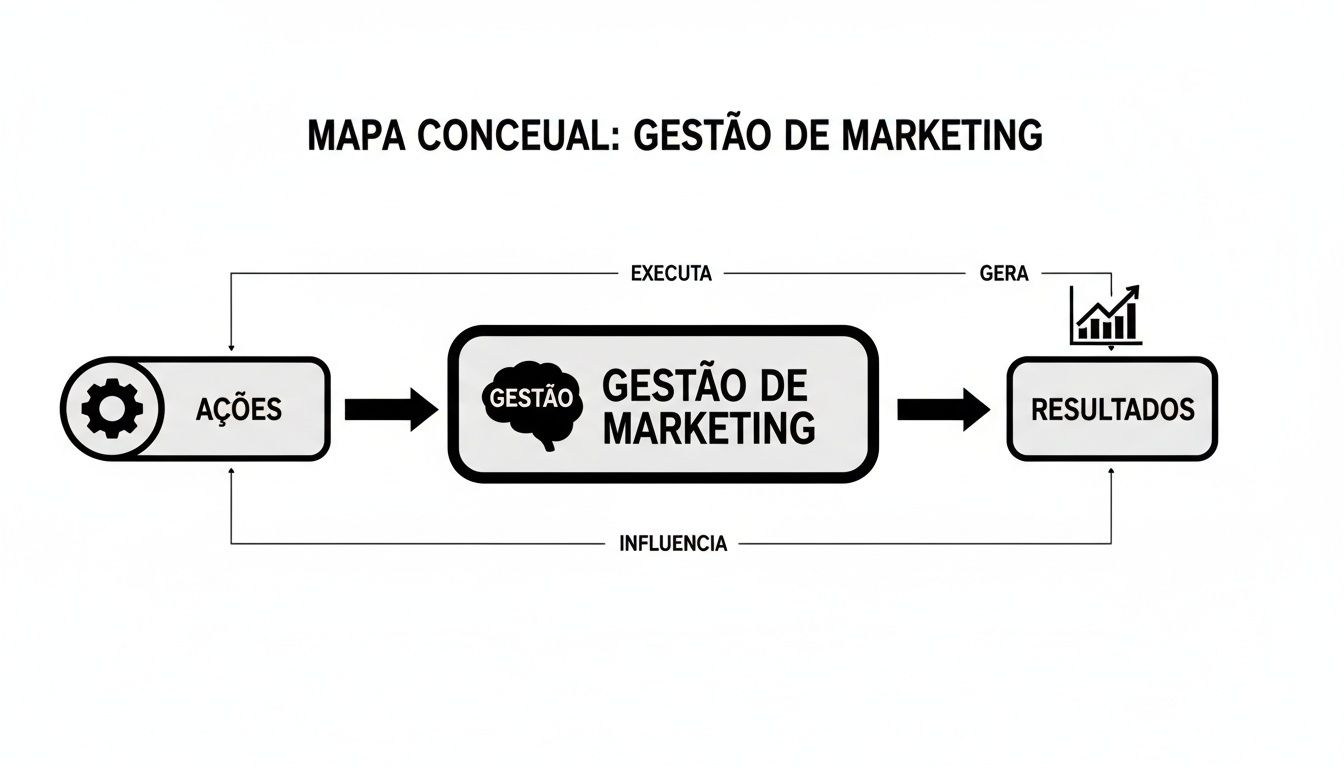 Mapa conceitual de gestão de marketing, ilustrando a interconexão entre ações, gestão e resultados. Um fluxo cíclico com influências claras.