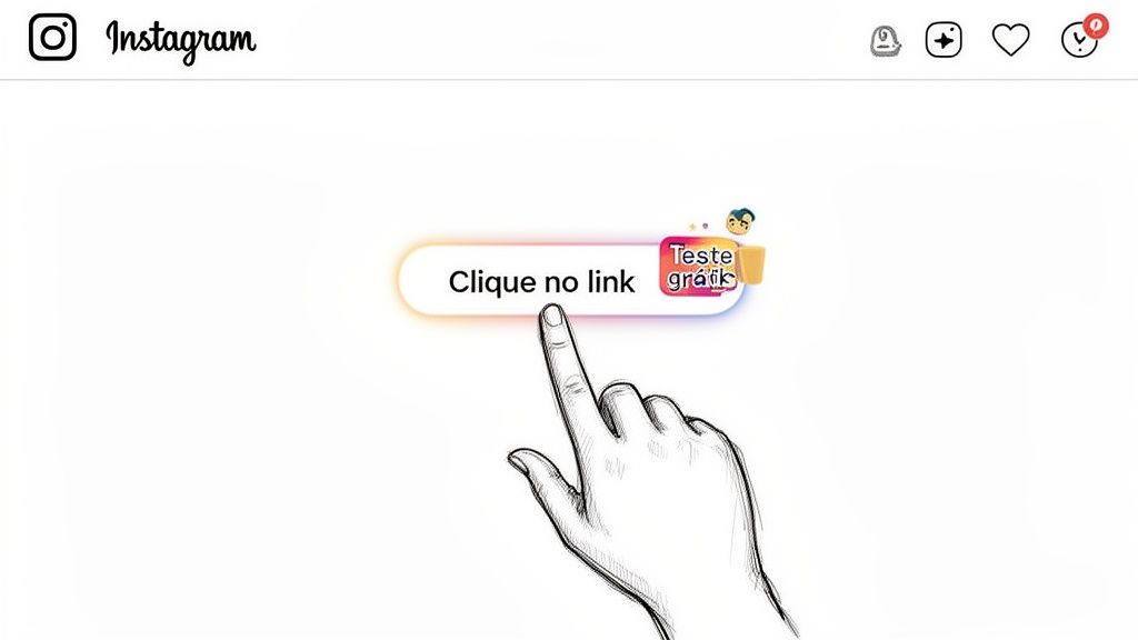 Captura de tela do Instagram com uma mão apontando para um link que diz 'Clique no link' e 'Teste grátis'.