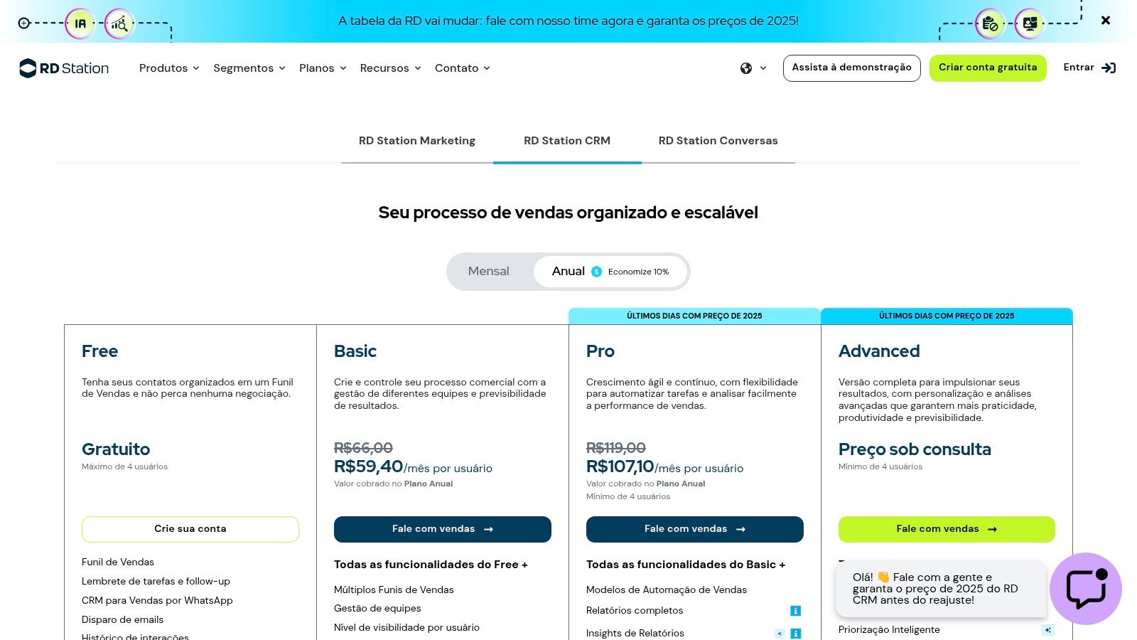 Interface do plano gratuito do RD Station CRM mostrando o funil de vendas