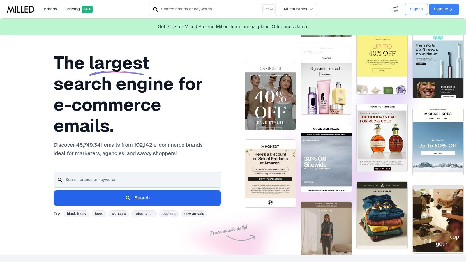 Interface do motor de busca Milled, exibindo uma grade de emails de marketing de várias marcas de varejo.