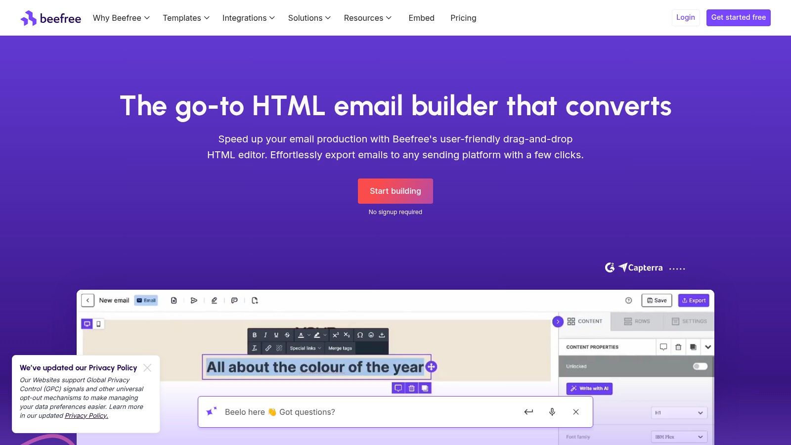 Interface do editor de emails da Beefree exibindo um template de marketing sendo customizado.