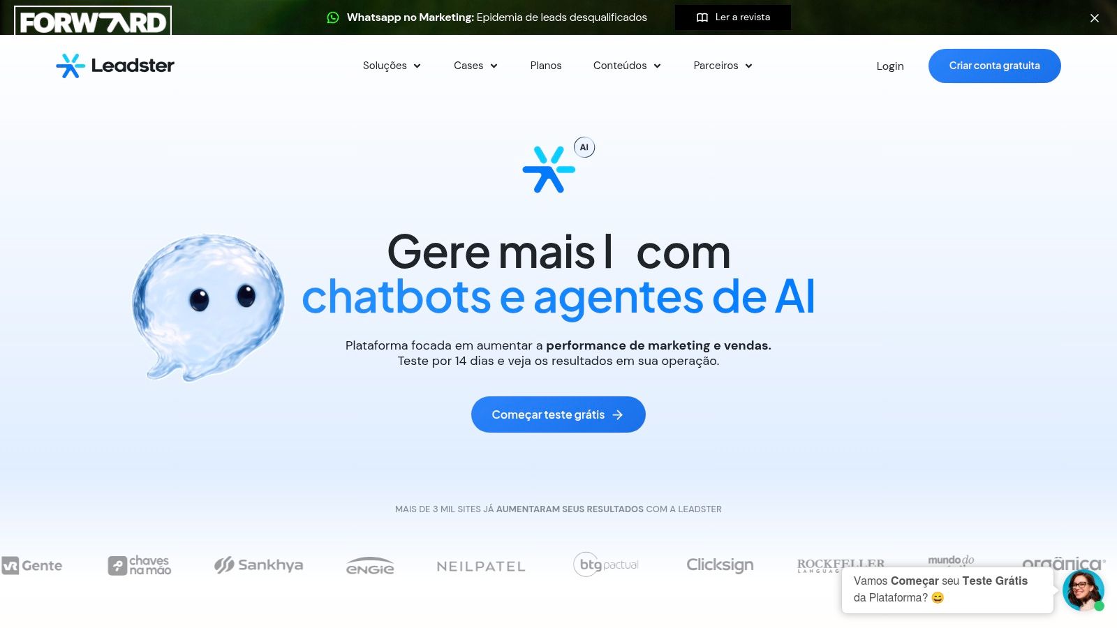 Interface do Leadster mostrando um chatbot em ação em um site para capturar e qualificar leads.