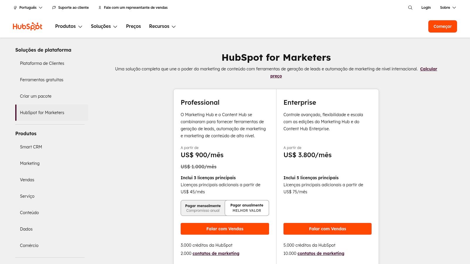 A interface do HubSpot Marketing Hub mostrando os diferentes planos de preços e funcionalidades.