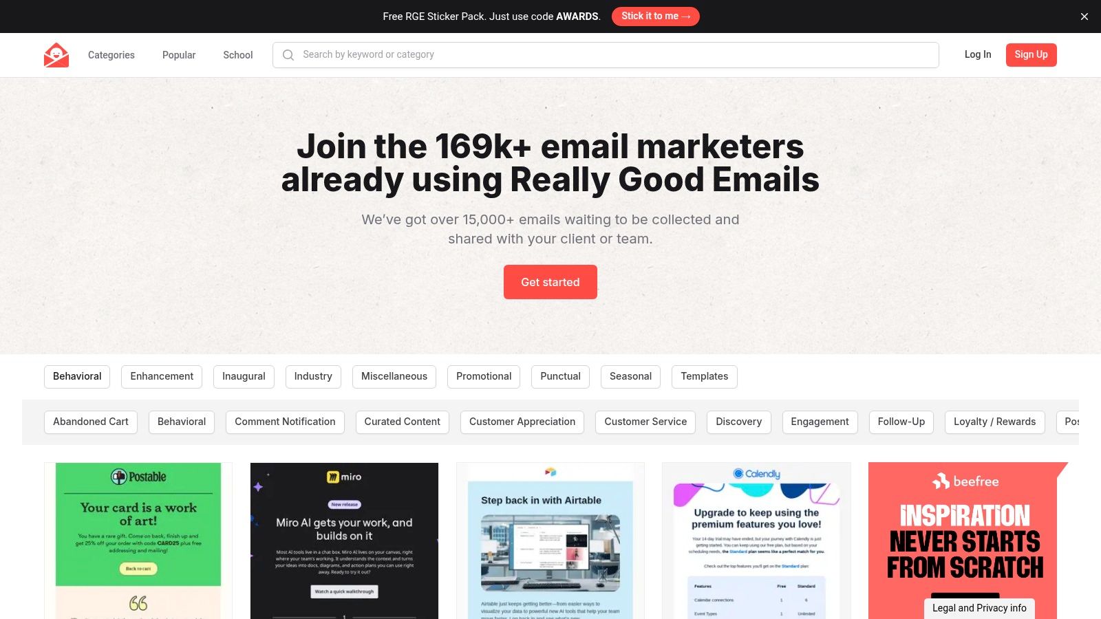 Interface da plataforma Really Good Emails exibindo vários exemplos de emails de marketing de diferentes marcas.