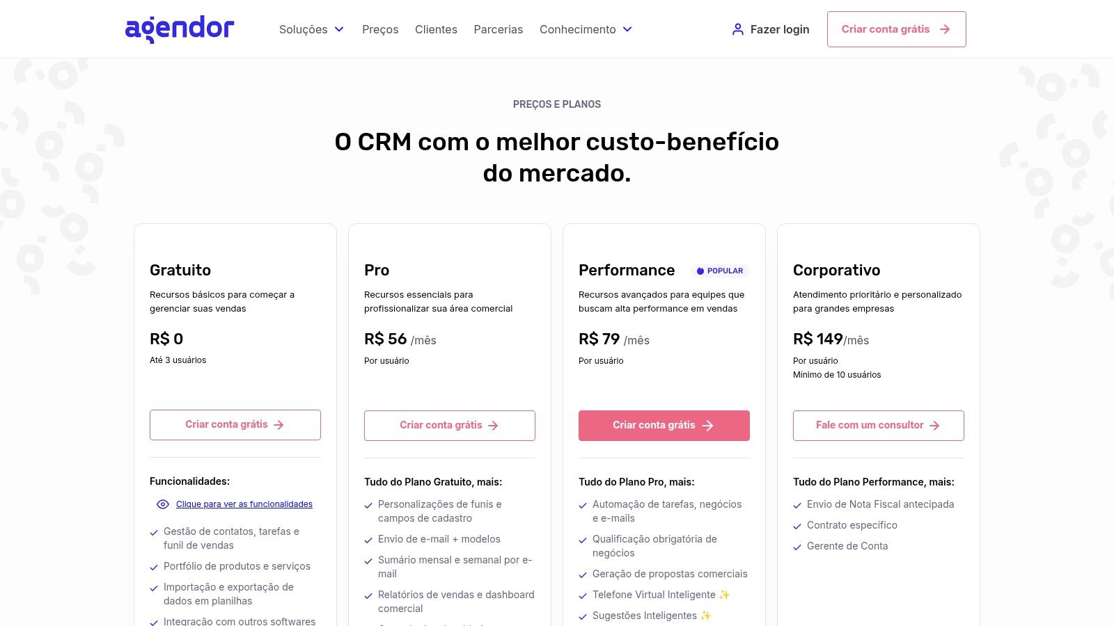 Preços e planos do CRM Agendor