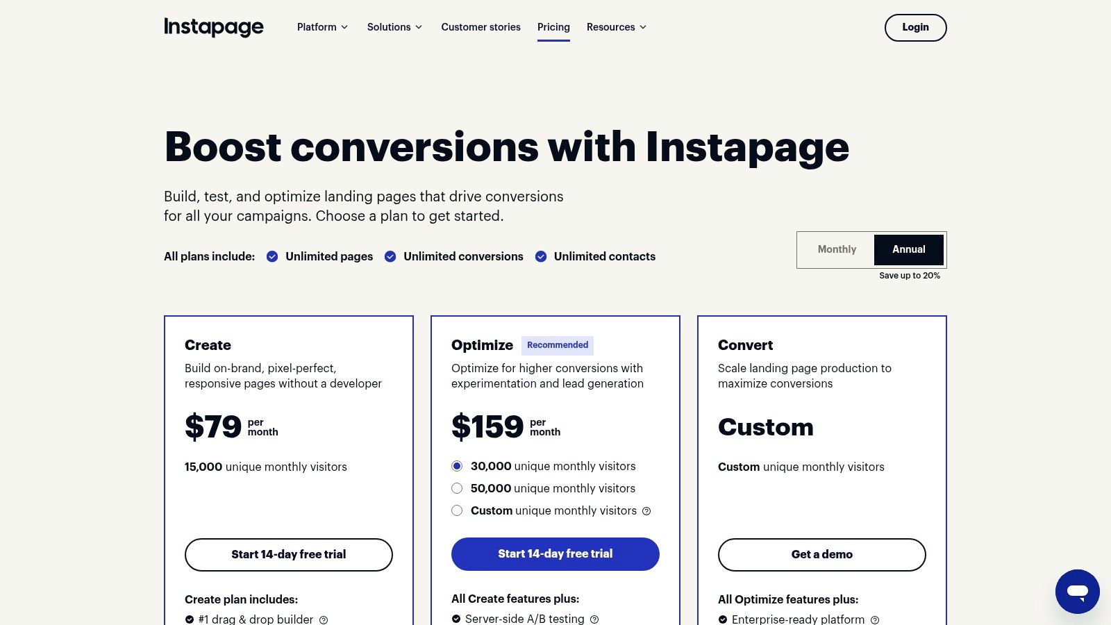 Interface da Instapage mostrando os planos e preços para a criação de landing pages de alta conversão.