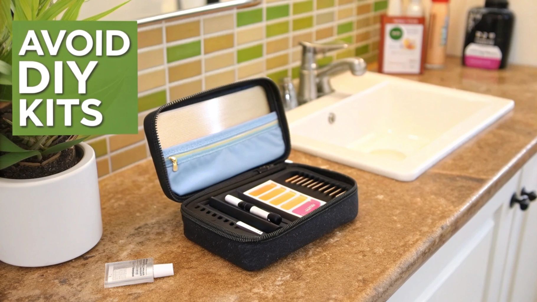 An open DIY beauty kit with tools on a bathroom counter next to a sink and potted plant.