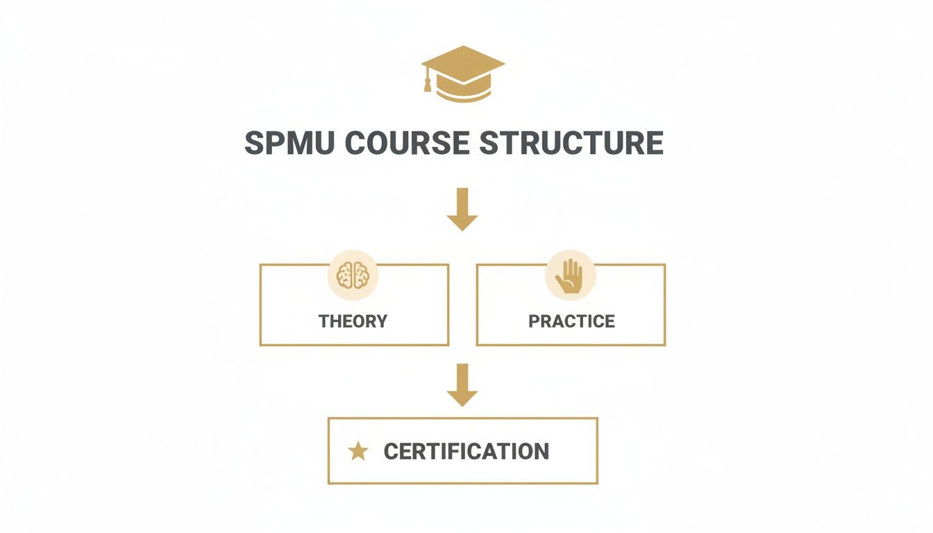 Flowchart illustrating the SPMU course structure, detailing Theory and Practice leading to Certification, with a graduation cap icon.
