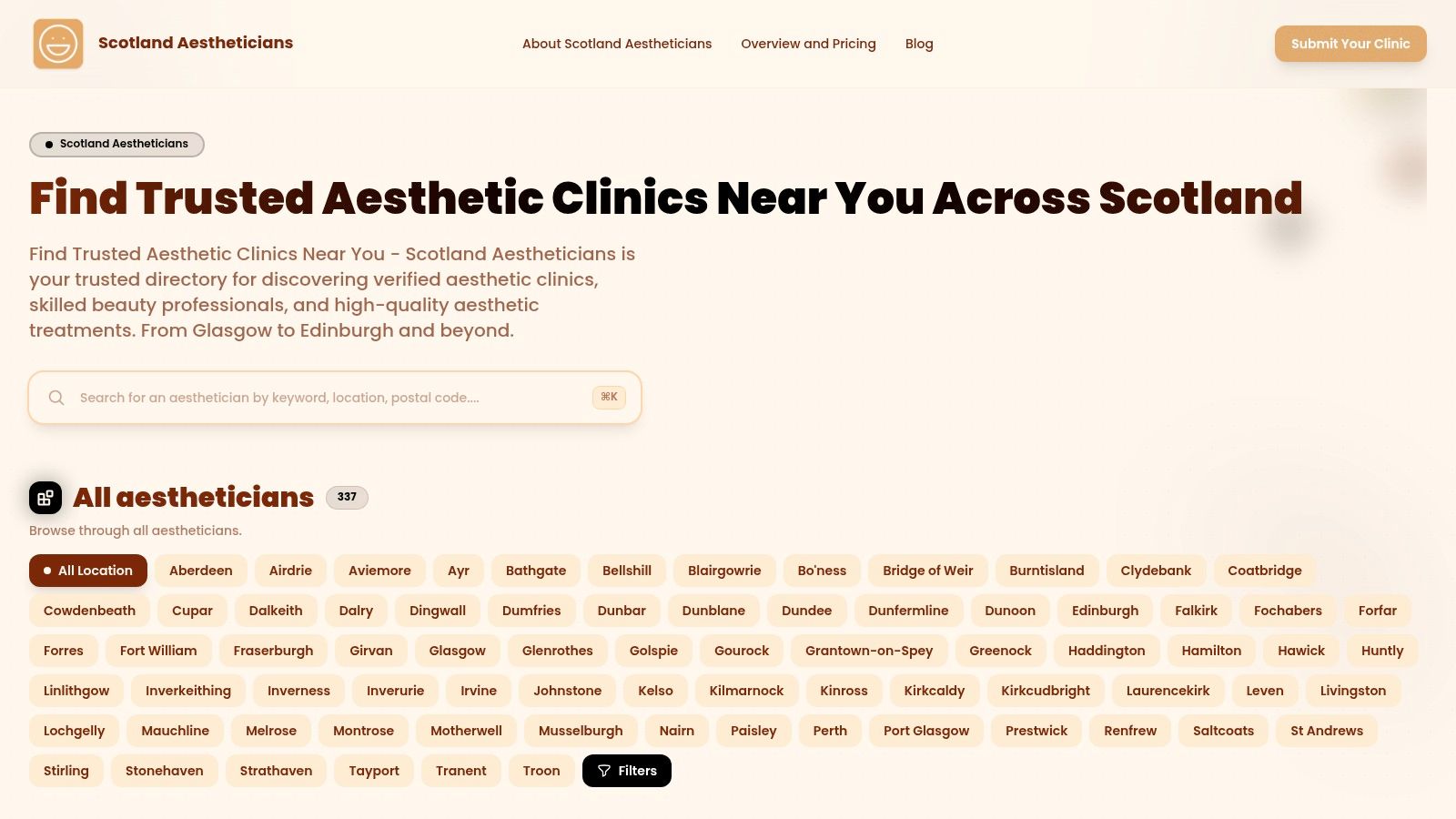 A screenshot of the Scotland Aestheticians website directory, showing a list of clinics with contact details and ratings.