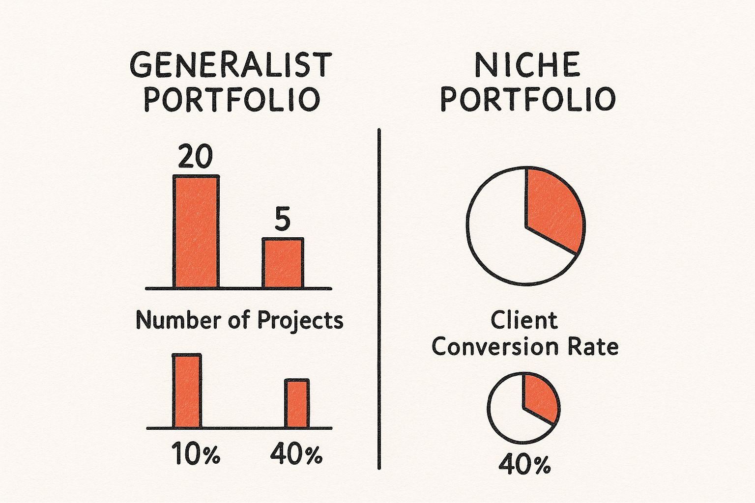 Infographic comparing a 'Generalist Portfolio' with 20 projects and a 10% conversion rate to a 'Niche Portfolio' with 5 projects and a 40% conversion rate.