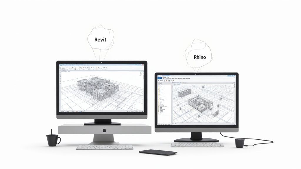 An architect using a stylus on a large digital tablet to work on a complex 3D building model.