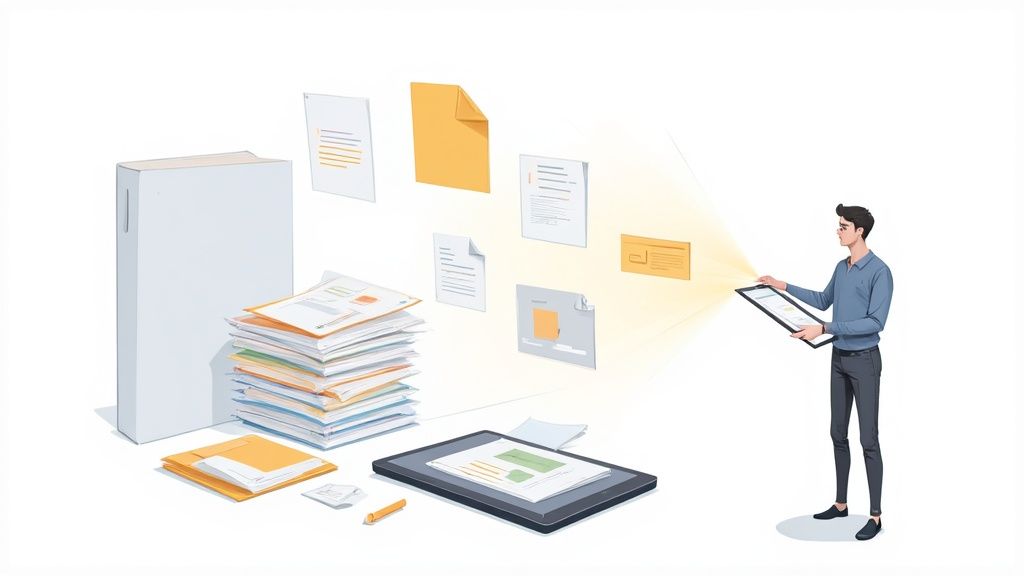 A person organizing documents and images for a career portfolio on a large desk, showcasing their professional journey.