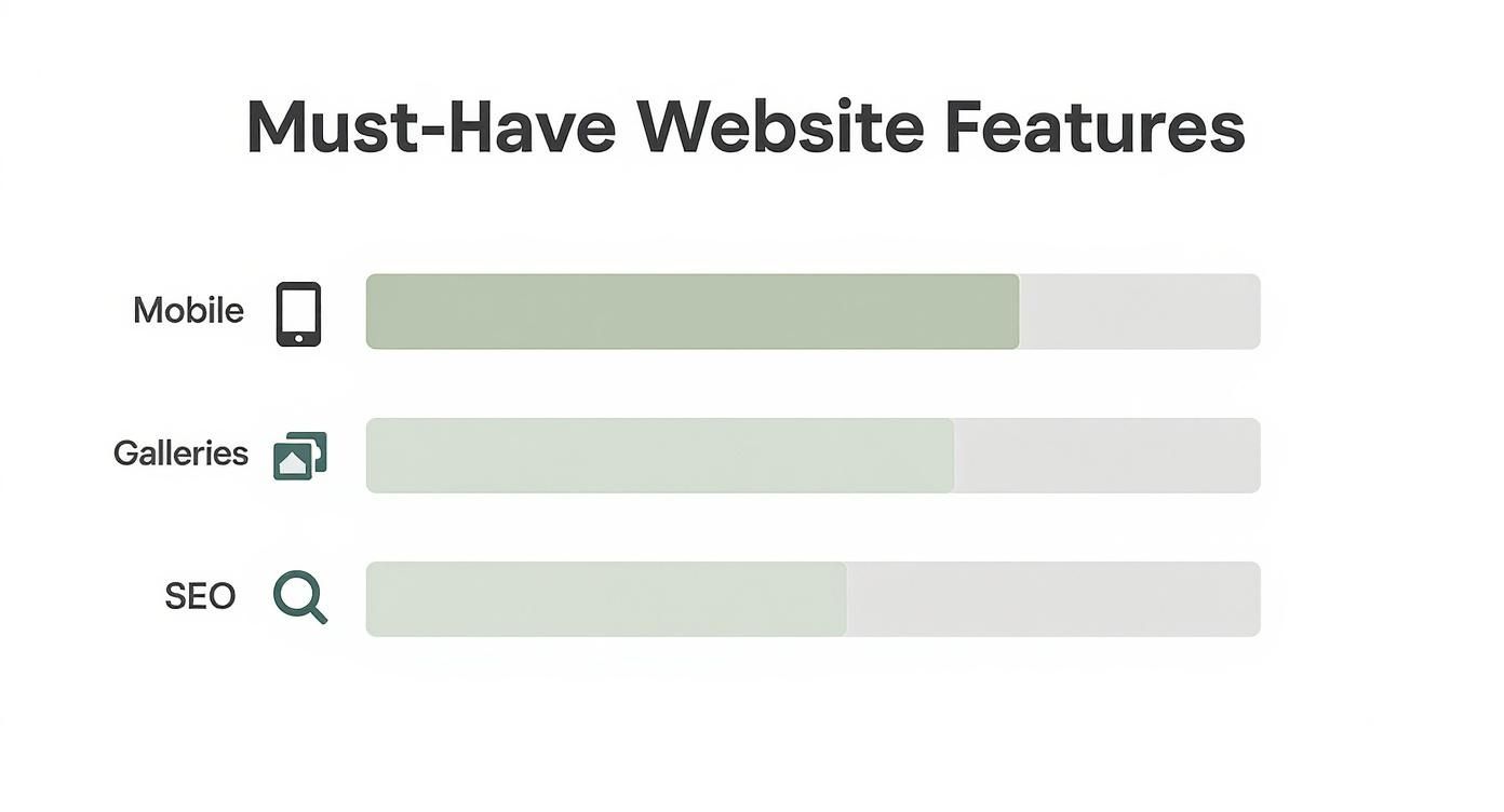 An infographic showing a horizontal bar chart of the most important website features for photographers, including mobile responsiveness, galleries, and SEO tools.