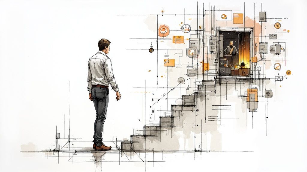 A futuristic design interface showing AI-driven data visualizations and user flow diagrams.