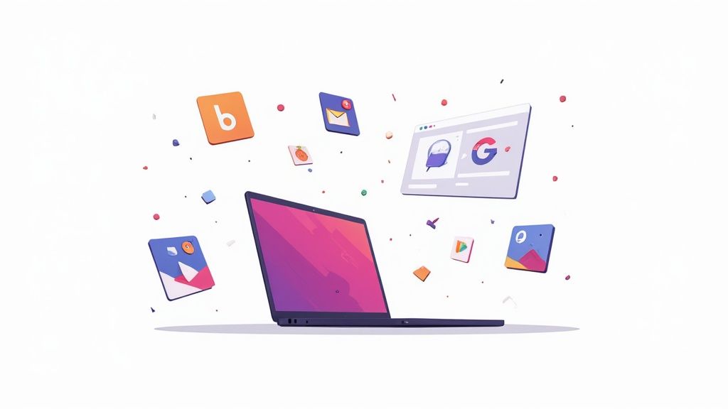 A person working on a laptop, with various portfolio tool logos like Behance and GitHub floating around.