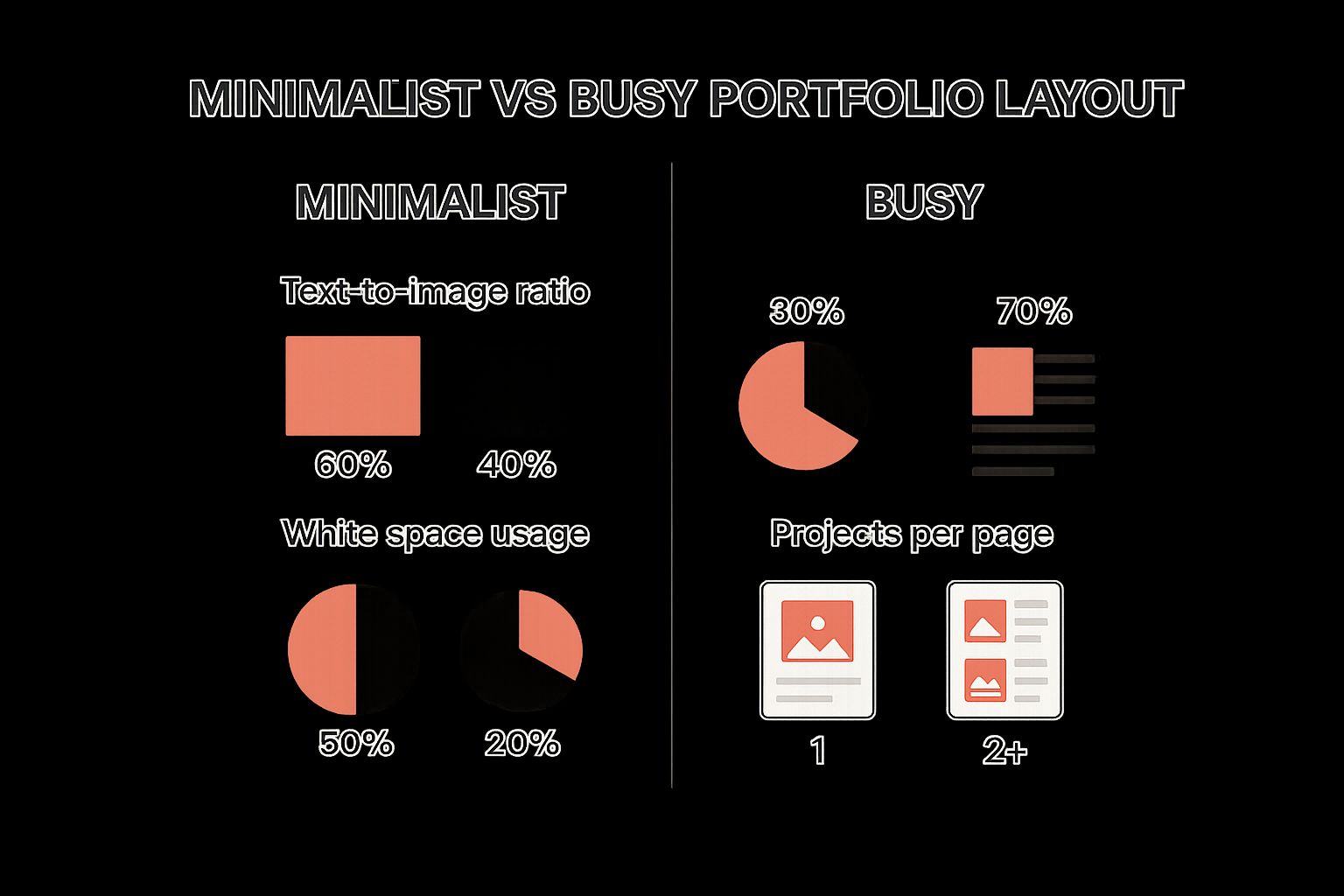 An infographic comparing a minimalist versus a busy portfolio layout, showing differences in text-to-image ratio, white space, and projects per page.