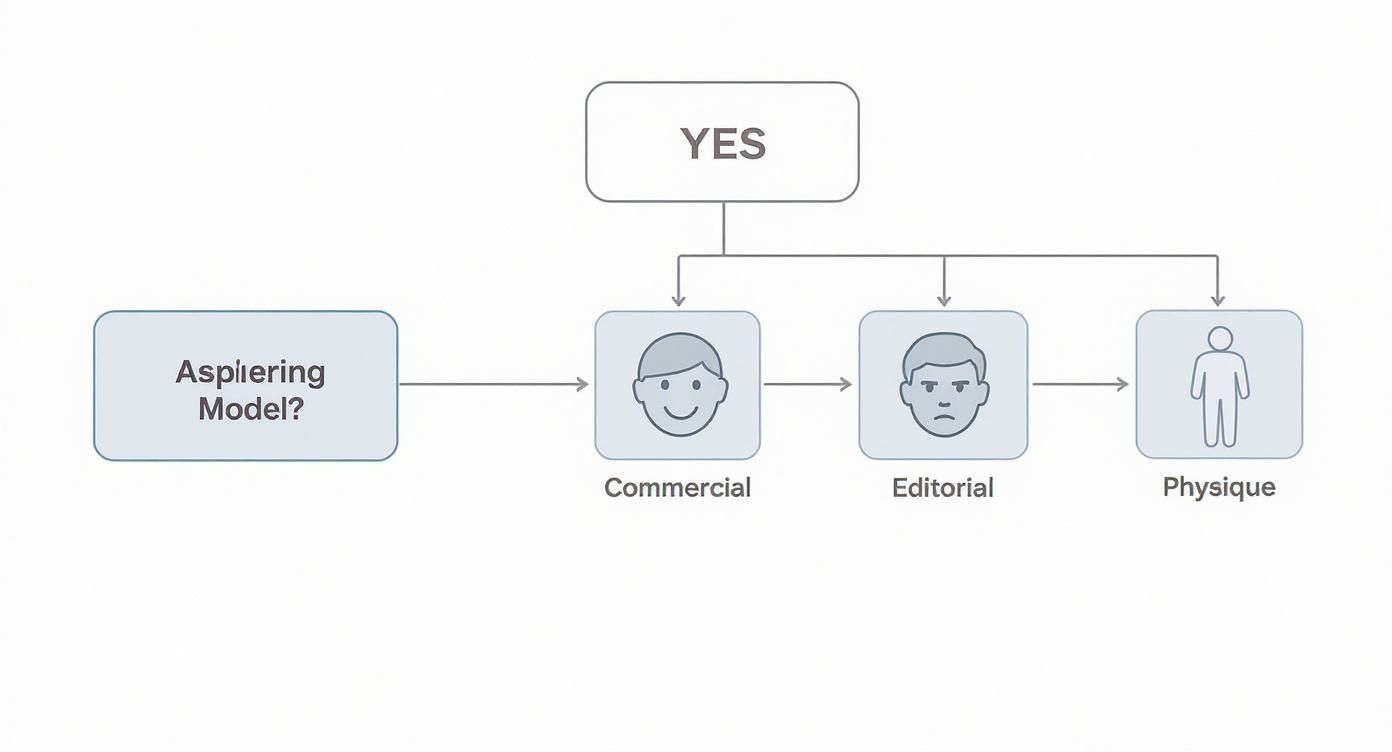Infographic decision tree for aspiring models choosing between commercial, editorial, and physique portfolio photos.