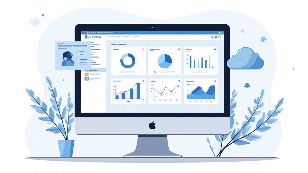 A professional working on a laptop displaying project portfolio management software dashboards.