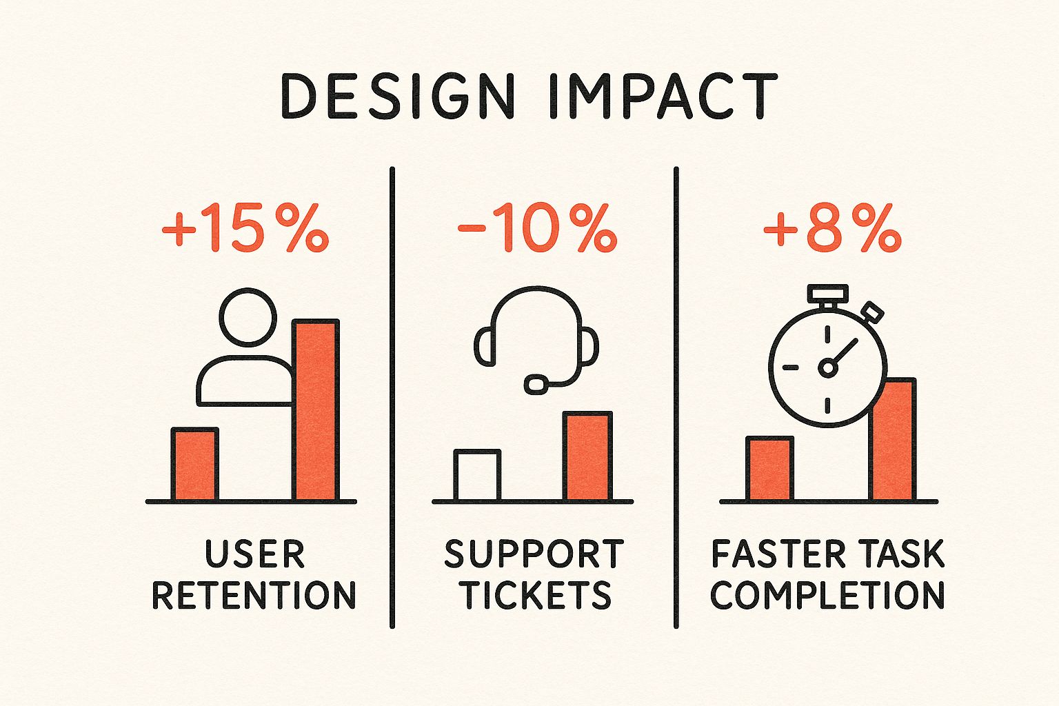 Infographic showing design impact metrics with bar charts: +15% user retention, -10% support tickets, and +8% faster task completion.