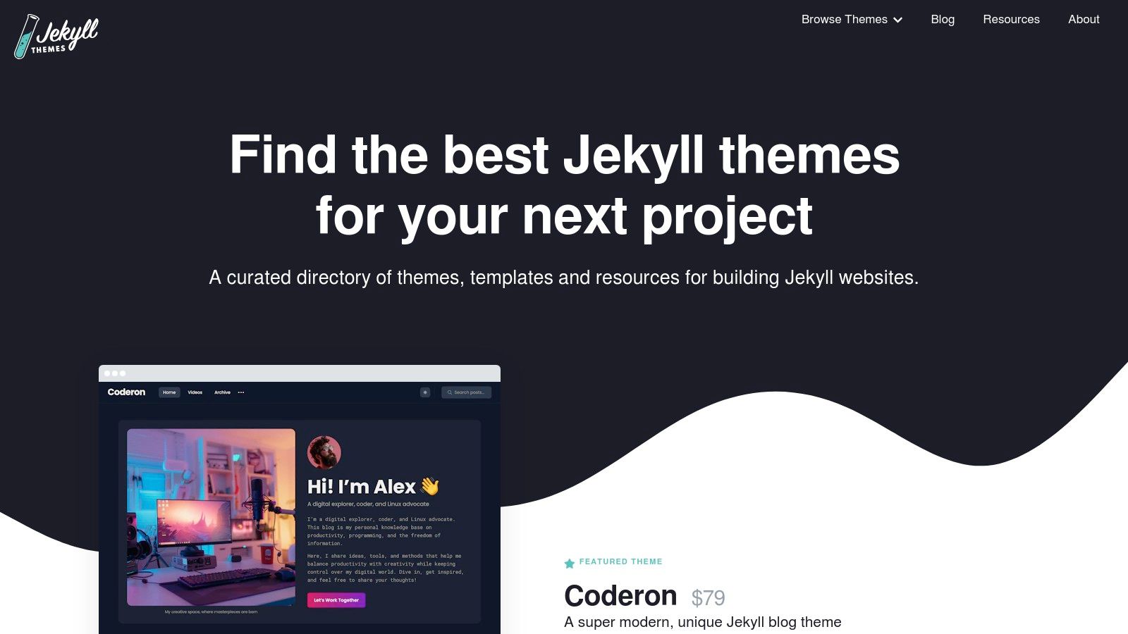 JekyllThemes.io homepage showcasing various developer portfolio themes