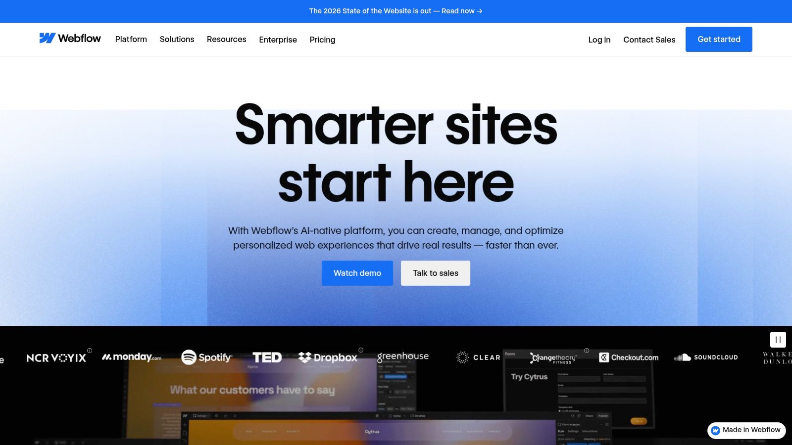 Webflow's visual editor interface showing a portfolio template