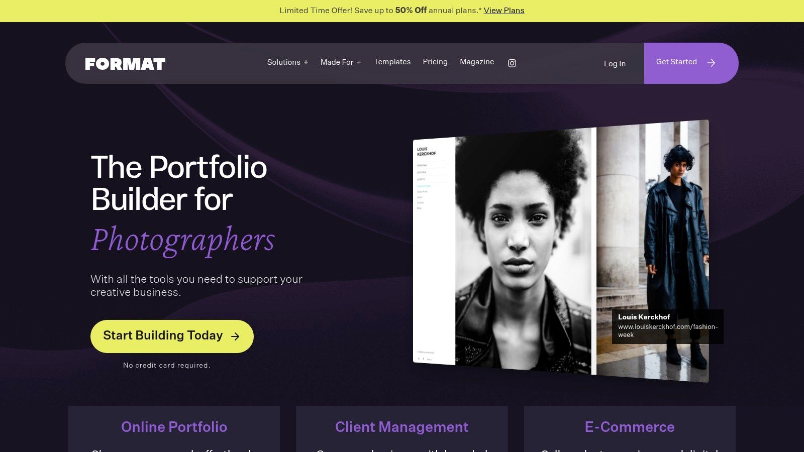 A person editing a creative portfolio template on the Format website builder.