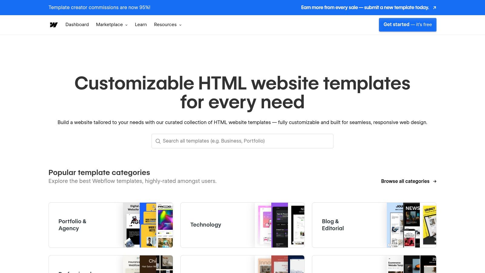 A screenshot of the Webflow Templates marketplace, showing a variety of clean and modern portfolio website designs.