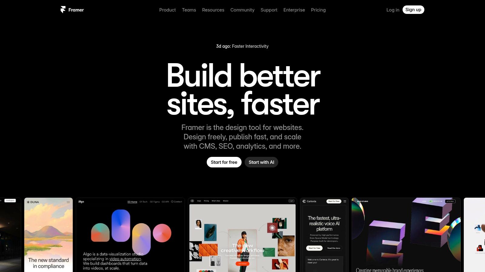 Framer's design interface showing a portfolio template and component options
