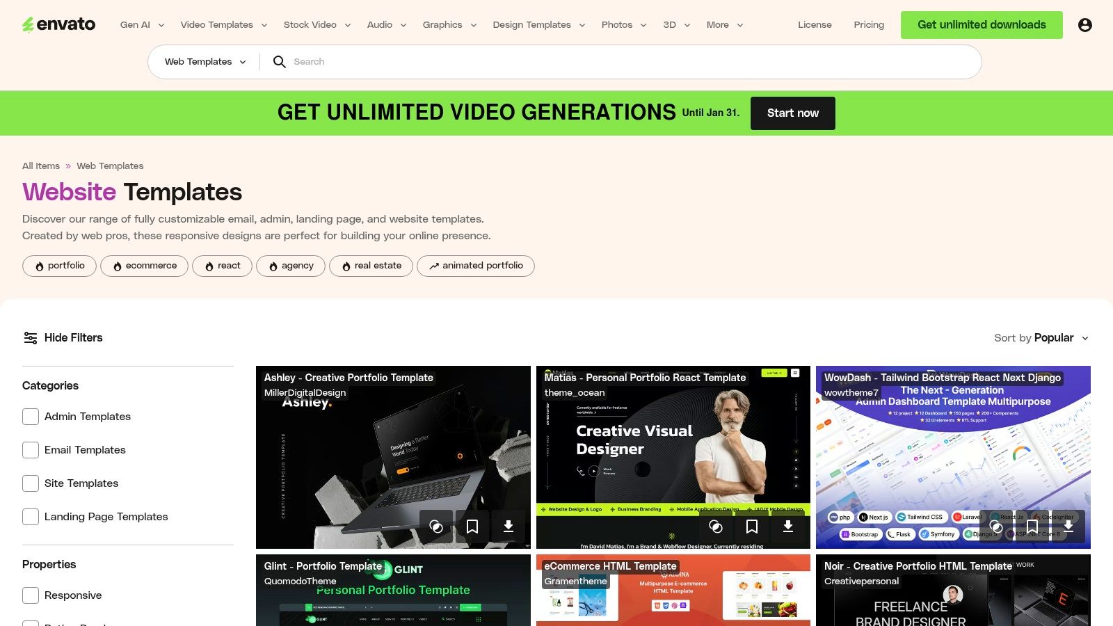 The Envato Elements library showing a variety of professional website templates.