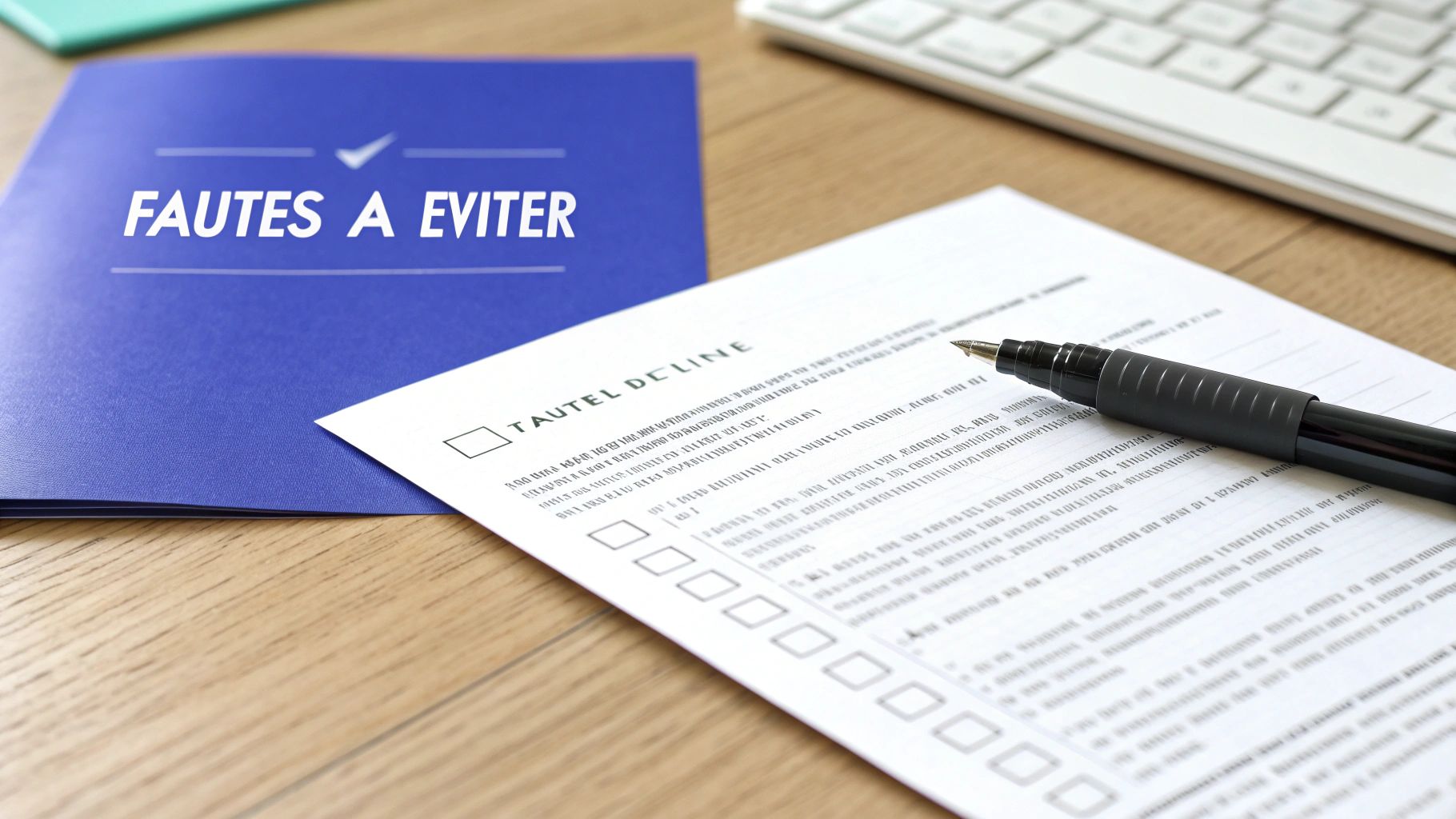Dossier bleu avec l'inscription "FAUTES A EVITER", un document avec cases à cocher et un stylo sur un bureau en bois.