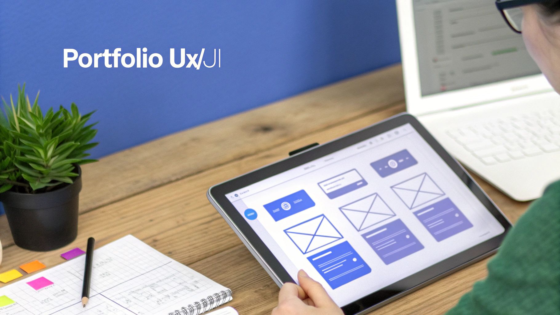 Personne travaillant sur une tablette affichant des maquettes UI/UX, avec un ordinateur portable et un carnet sur un bureau en bois.