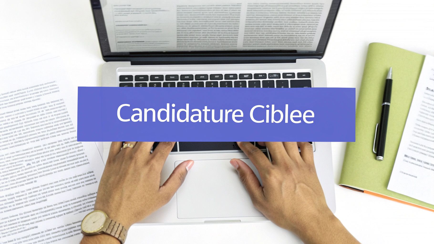 Mains d'une personne tapant sur un ordinateur portable avec un texte "Candidature Ciblee" en surimpression, suggérant une recherche d'emploi.