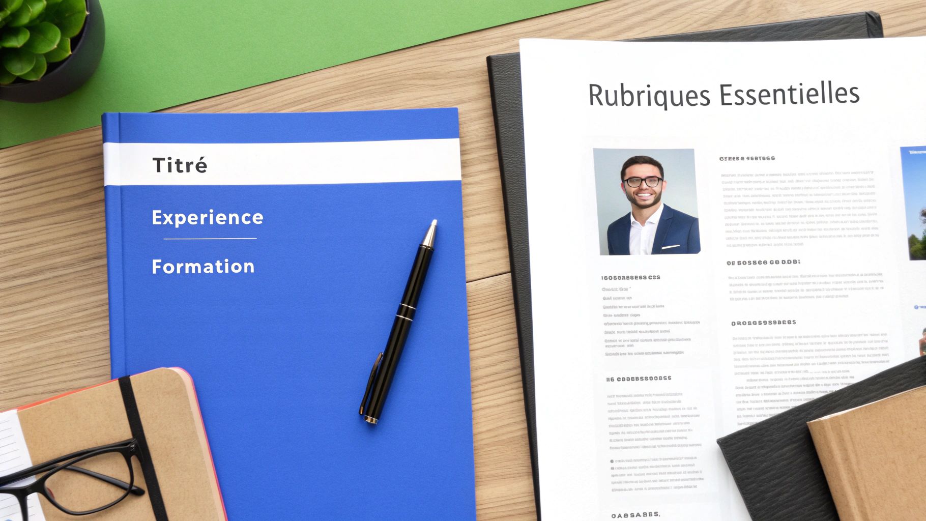 Un bureau avec un cahier bleu affichant "Expérience" et "Formation", une chemise de CV, et un stylo.