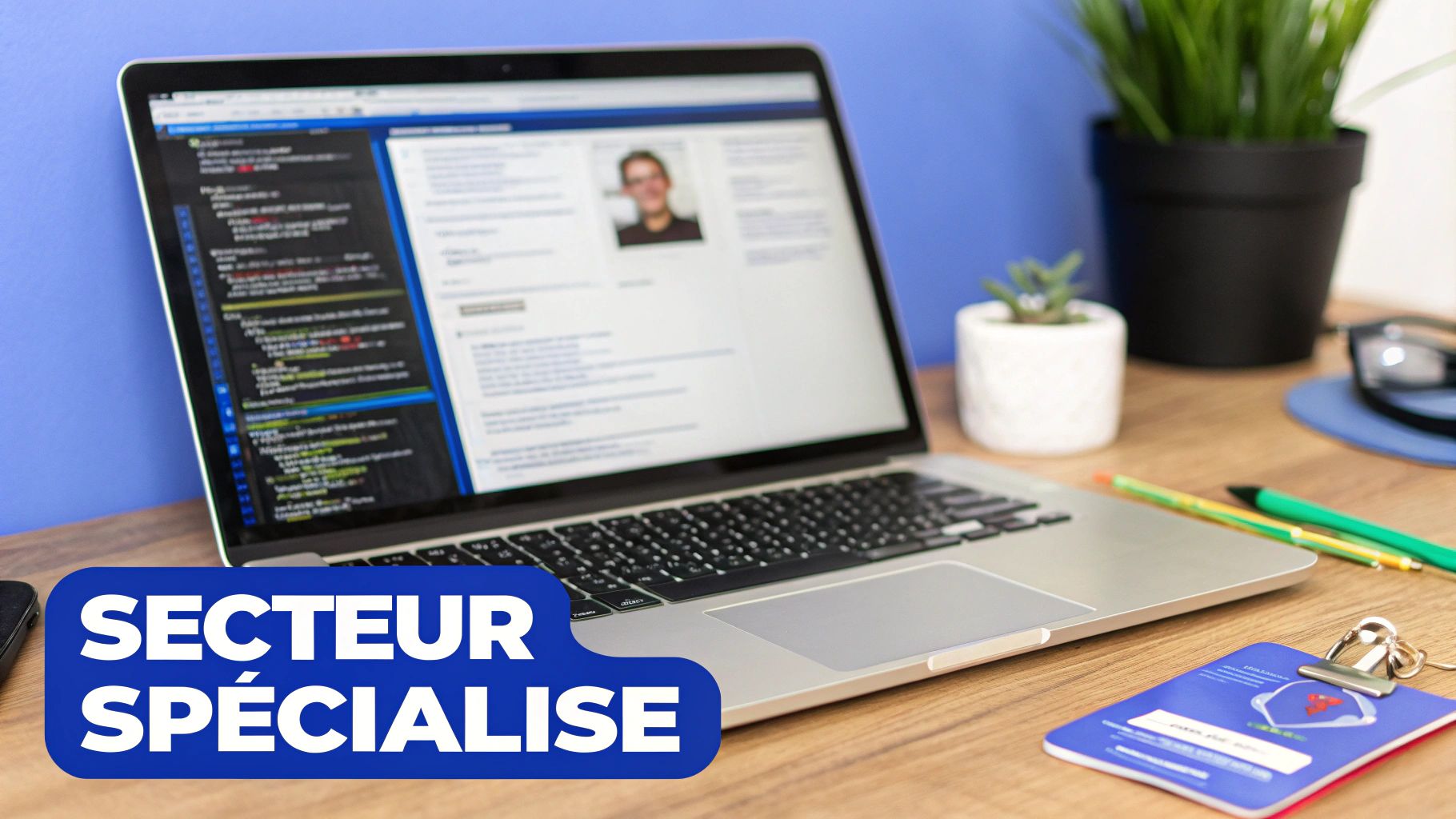 Bureau moderne avec un ordinateur portable affichant du code et un profil, accompagné d'une bannière "SECTEUR SPÉCIALISÉ".