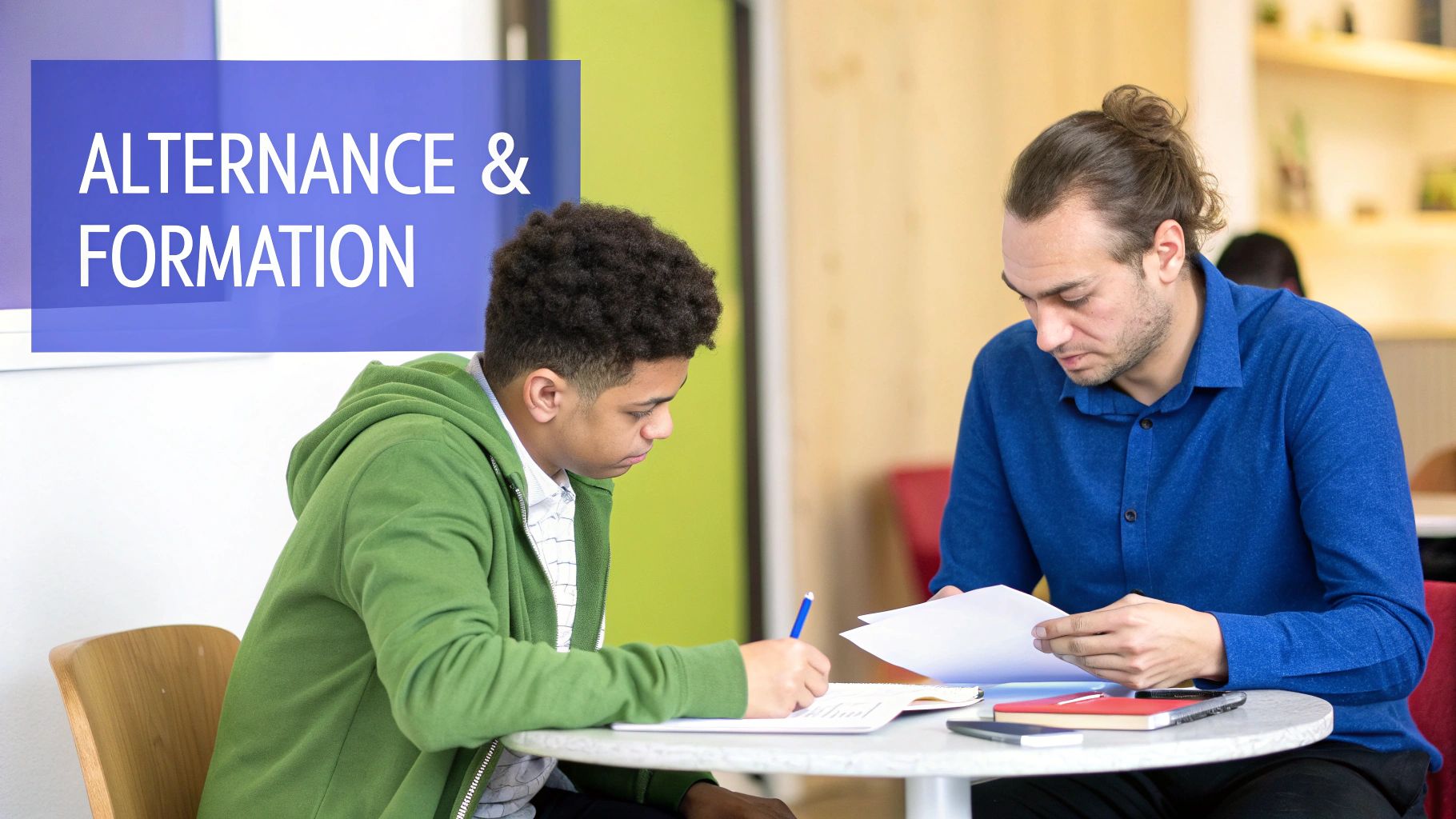 Deux personnes travaillant ensemble à une table, illustrant l'alternance et la formation professionnelle.