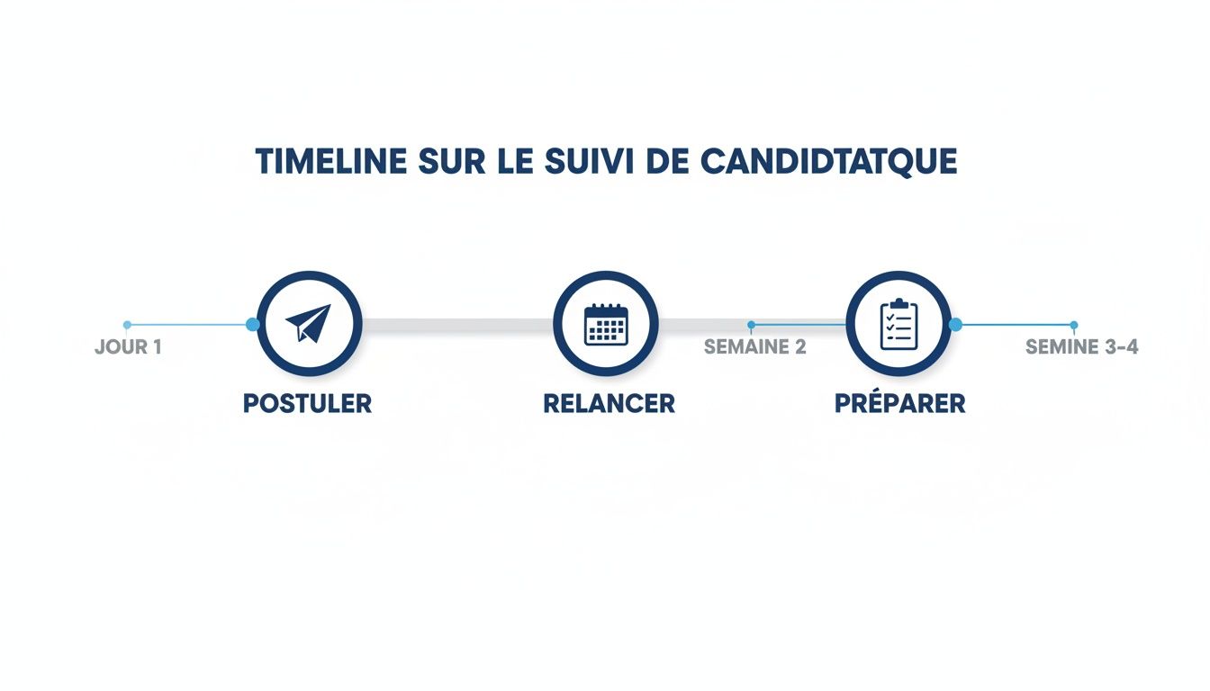 Une chronologie de suivi de candidature avec trois étapes clés : postuler, relancer et préparer, étalées sur plusieurs semaines.