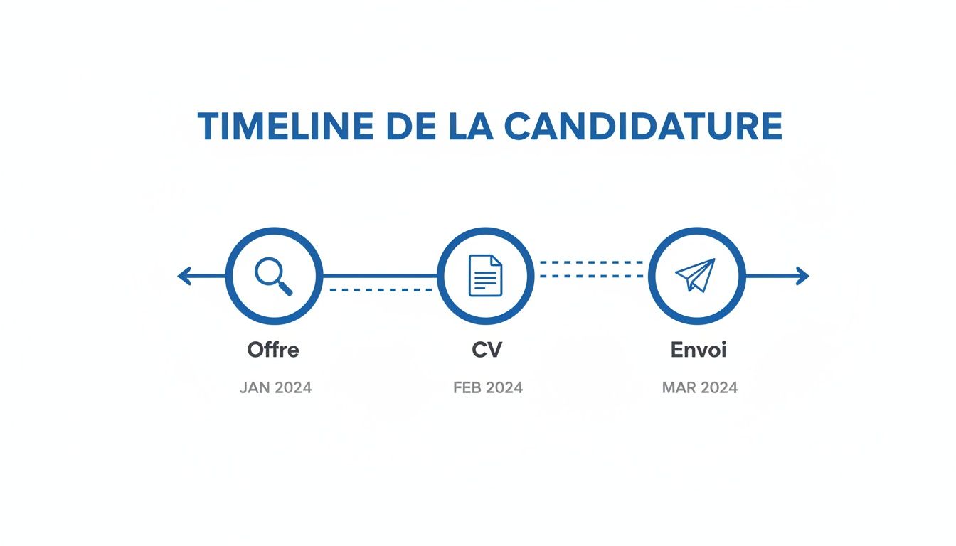Timeline de la candidature montrant les étapes : offre (JAN 2024), CV (FEB 2024), et envoi (MAR 2024).