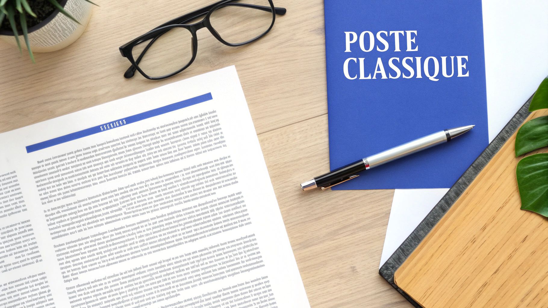 Vue de dessus d'un bureau avec un dossier bleu intitulé "POSTE CLASSIQUE", un stylo, des lunettes et des documents.