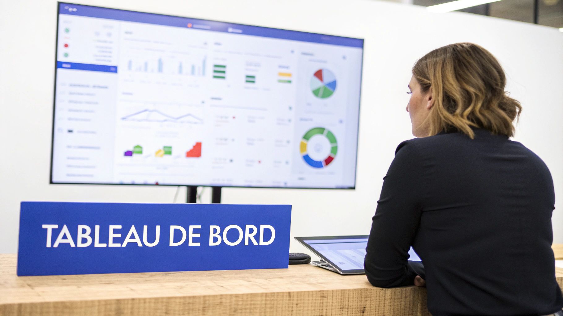 Une femme en chemise noire regarde un grand écran affichant des tableaux de bord, des graphiques et des données analytiques. Un panneau bleu 'TABLEAU DE BORD' est visible au premier plan sur une table en bois.