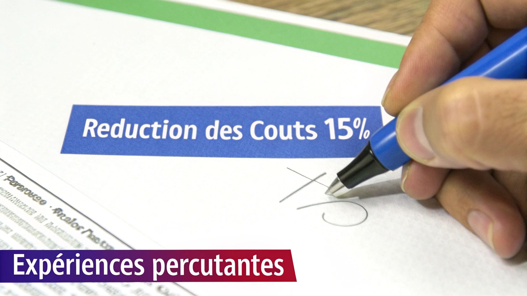 Une main écrit avec un stylo sur un document affichant "Réduction des Couts 15%" et "Expériences percutantes".