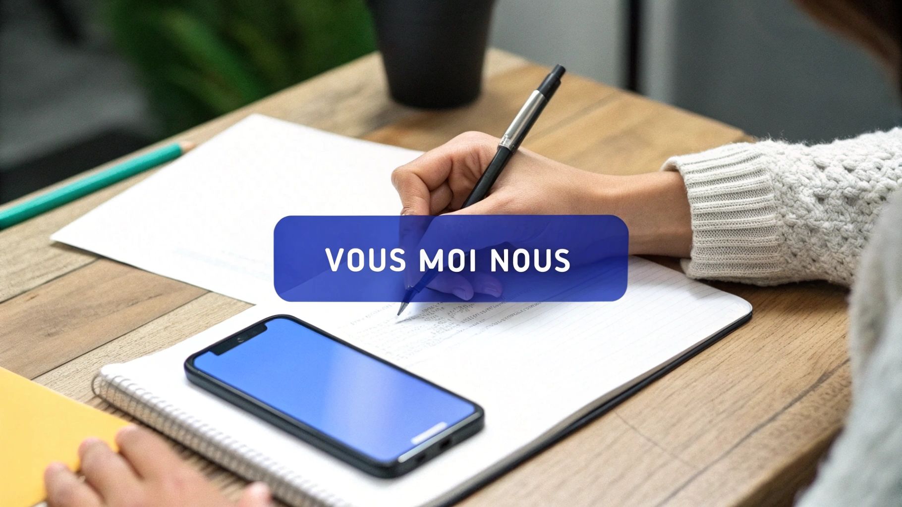 Une main écrit dans un cahier sur un bureau en bois avec un smartphone. Le texte 'VOUS MOI NOUS' est superposé.