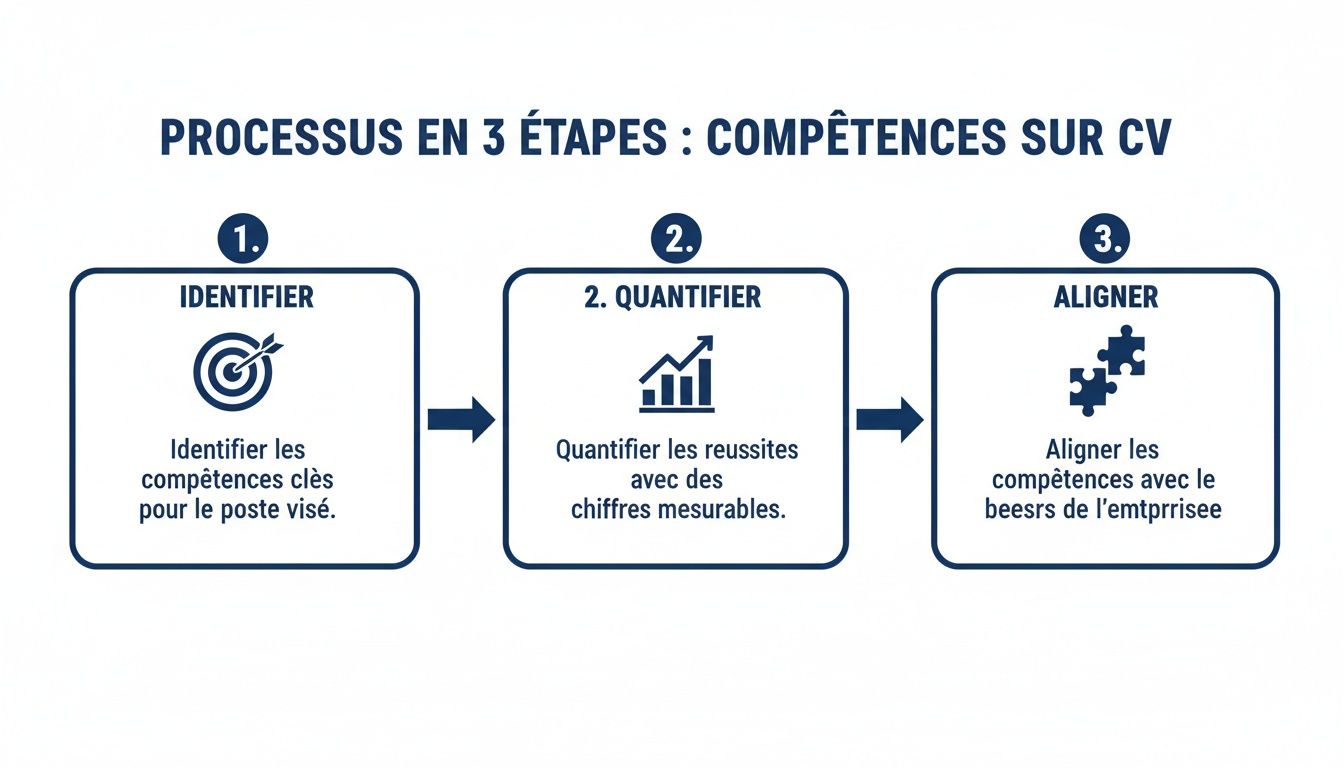 Infographie présentant un processus en 3 étapes pour optimiser les compétences sur un CV.